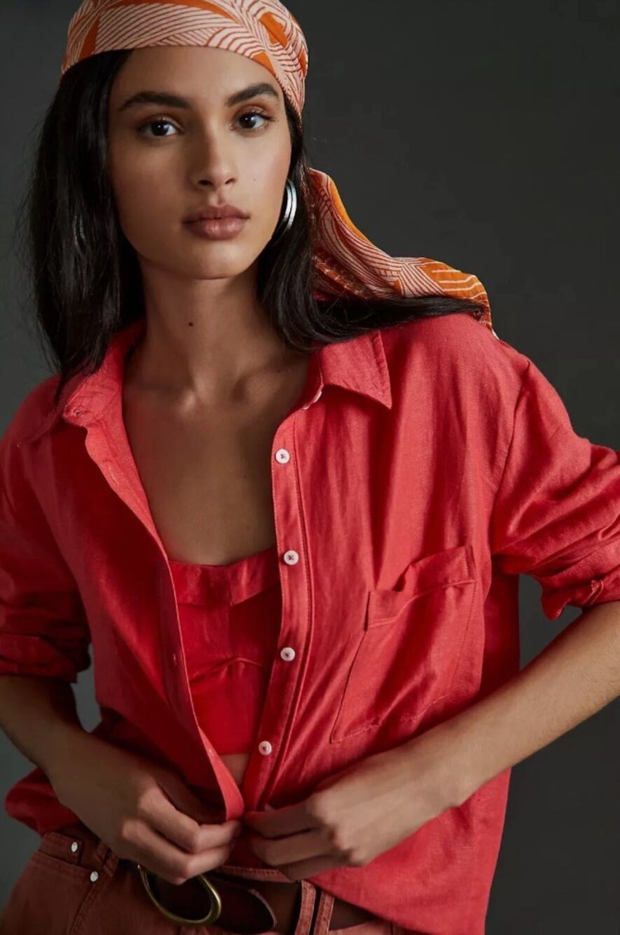 Anthropologie Maeve Linen Blend Button down Red Shirt XS